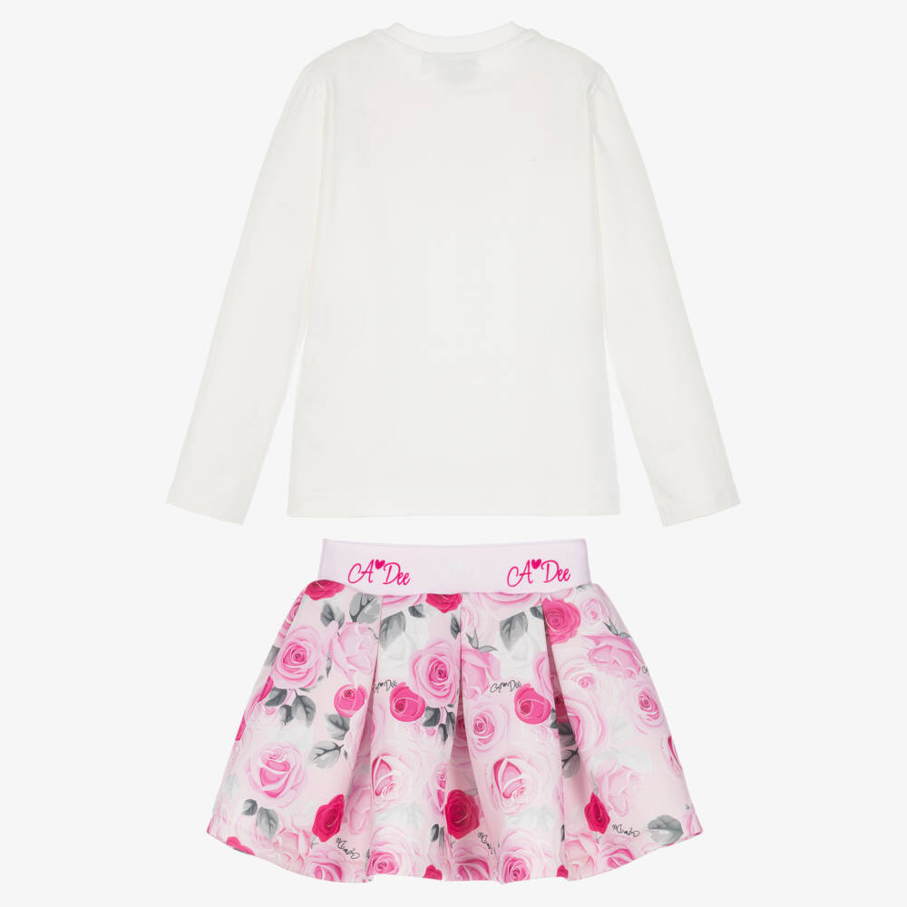 A Dee-Girls Ivory & Pink Rose Print Skirt Set | Childrensalon
