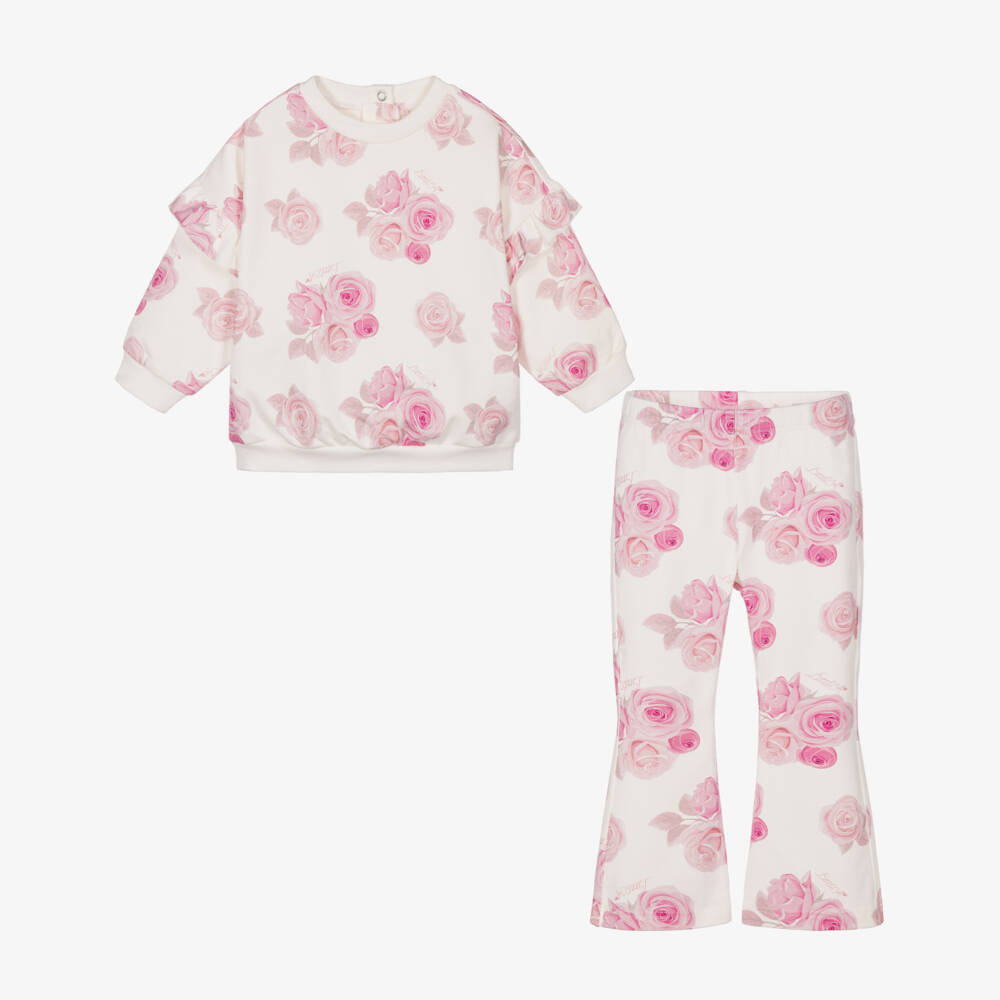 A Dee-Girls Ivory & Pink Rose Print Tracksuit | Childrensalon