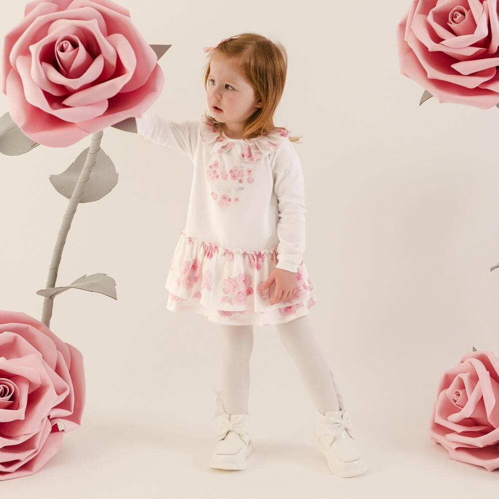 A Dee-Girls Ivory Rose Print Cotton Jersey Dress | Childrensalon