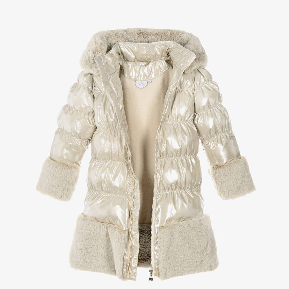 A Dee-Girls Metallic Beige Hooded Puffer Coat with Faux Fur Trim | Childrensalon