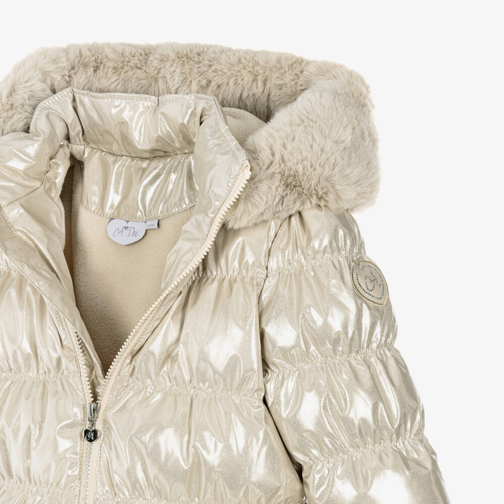 A Dee-Girls Metallic Beige Hooded Puffer Coat with Faux Fur Trim | Childrensalon