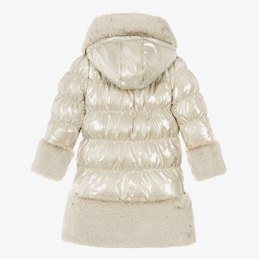 A Dee-Girls Metallic Beige Hooded Puffer Coat with Faux Fur Trim | Childrensalon