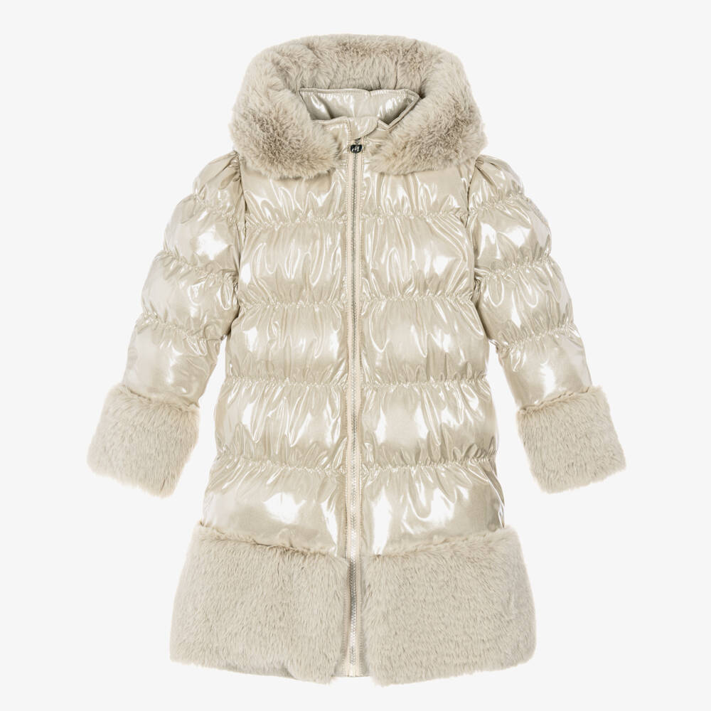 A Dee-Girls Metallic Beige Hooded Puffer Coat with Faux Fur Trim | Childrensalon