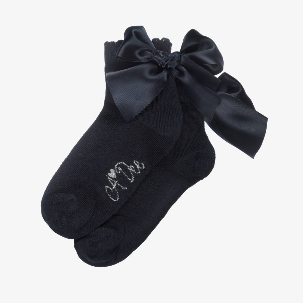 A Dee-Girls Navy Blue Ankle Socks with Bows | Childrensalon