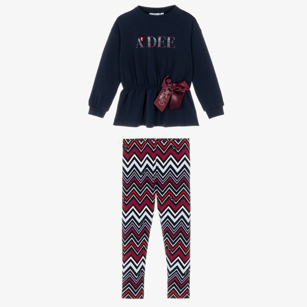 A Dee-Girls Navy Blue & Burgundy Zigzag Cotton Leggings Set | Childrensalon