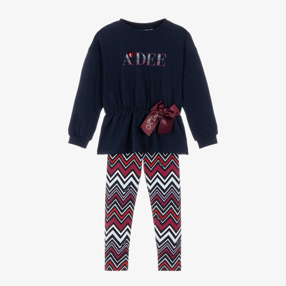 A Dee-Girls Navy Blue & Burgundy Zigzag Cotton Leggings Set | Childrensalon