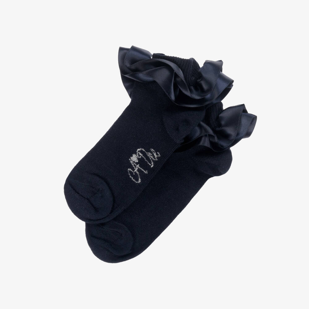 A Dee-Girls Navy Blue Cotton Ankle Socks with Satin Ruffle Cuffs | Childrensalon