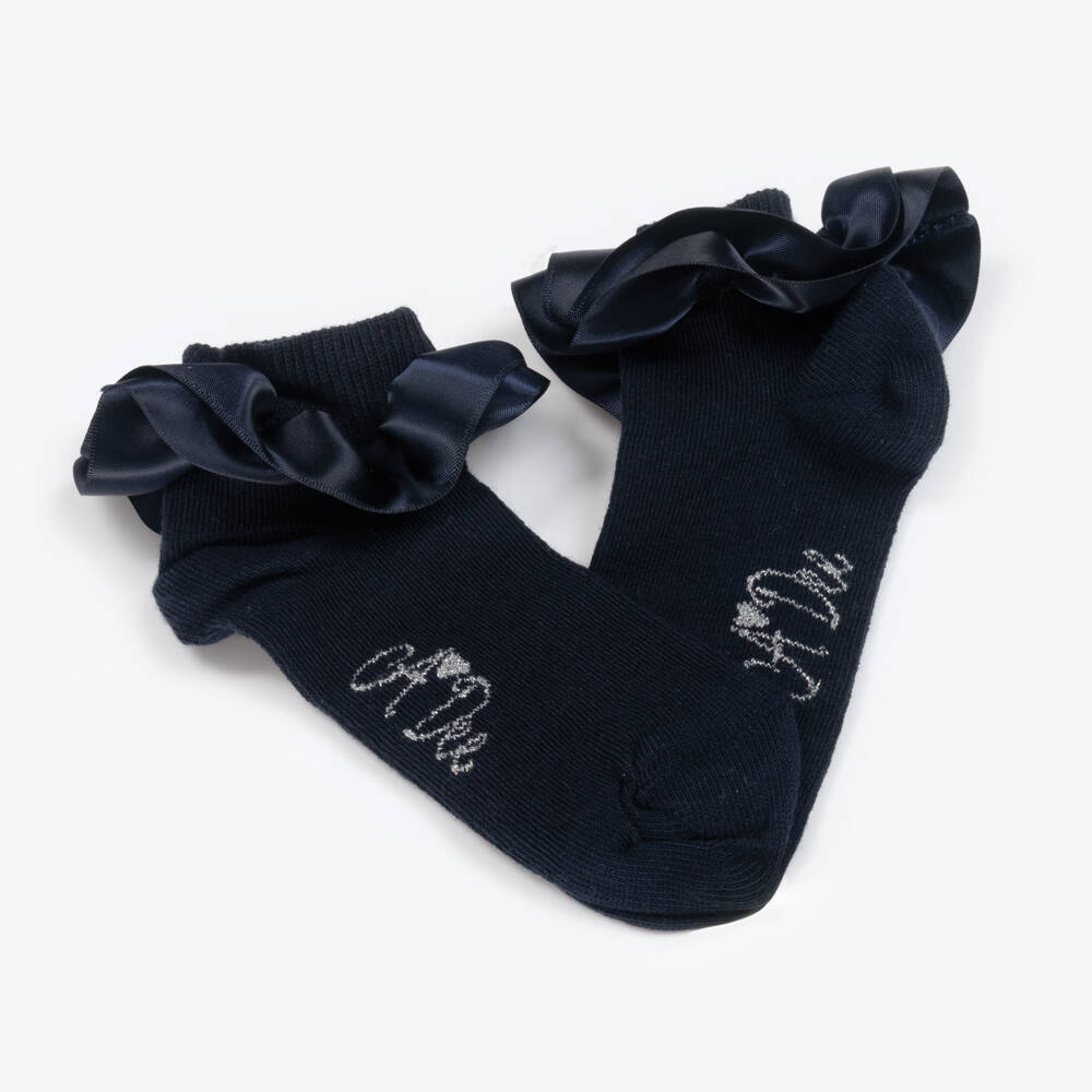 A Dee-Girls Navy Blue Cotton Ankle Socks with Satin Ruffle Cuffs | Childrensalon