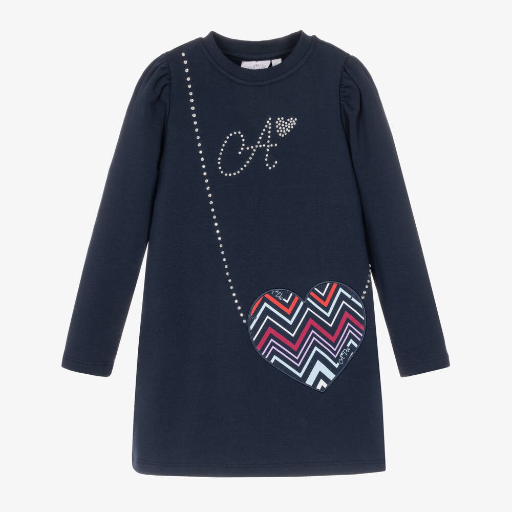 A Dee-Girls Navy Blue Cotton Jersey Dress with Zigzag Bag Appliqué | Childrensalon