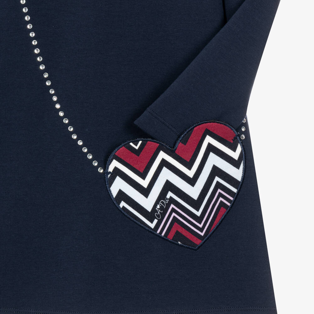 A Dee-Girls Navy Blue Cotton Jersey Dress with Zigzag Bag Appliqué | Childrensalon