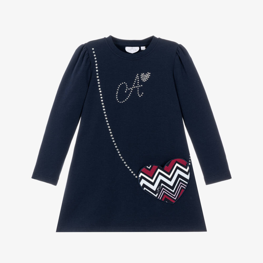 A Dee-Girls Navy Blue Cotton Jersey Dress with Zigzag Bag Appliqué | Childrensalon