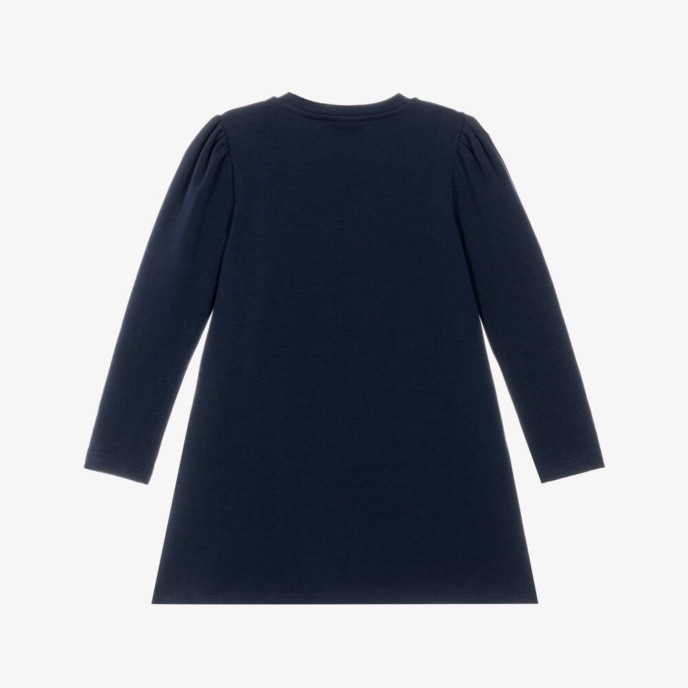 A Dee-Girls Navy Blue Cotton Jersey Dress with Zigzag Bag Appliqué | Childrensalon