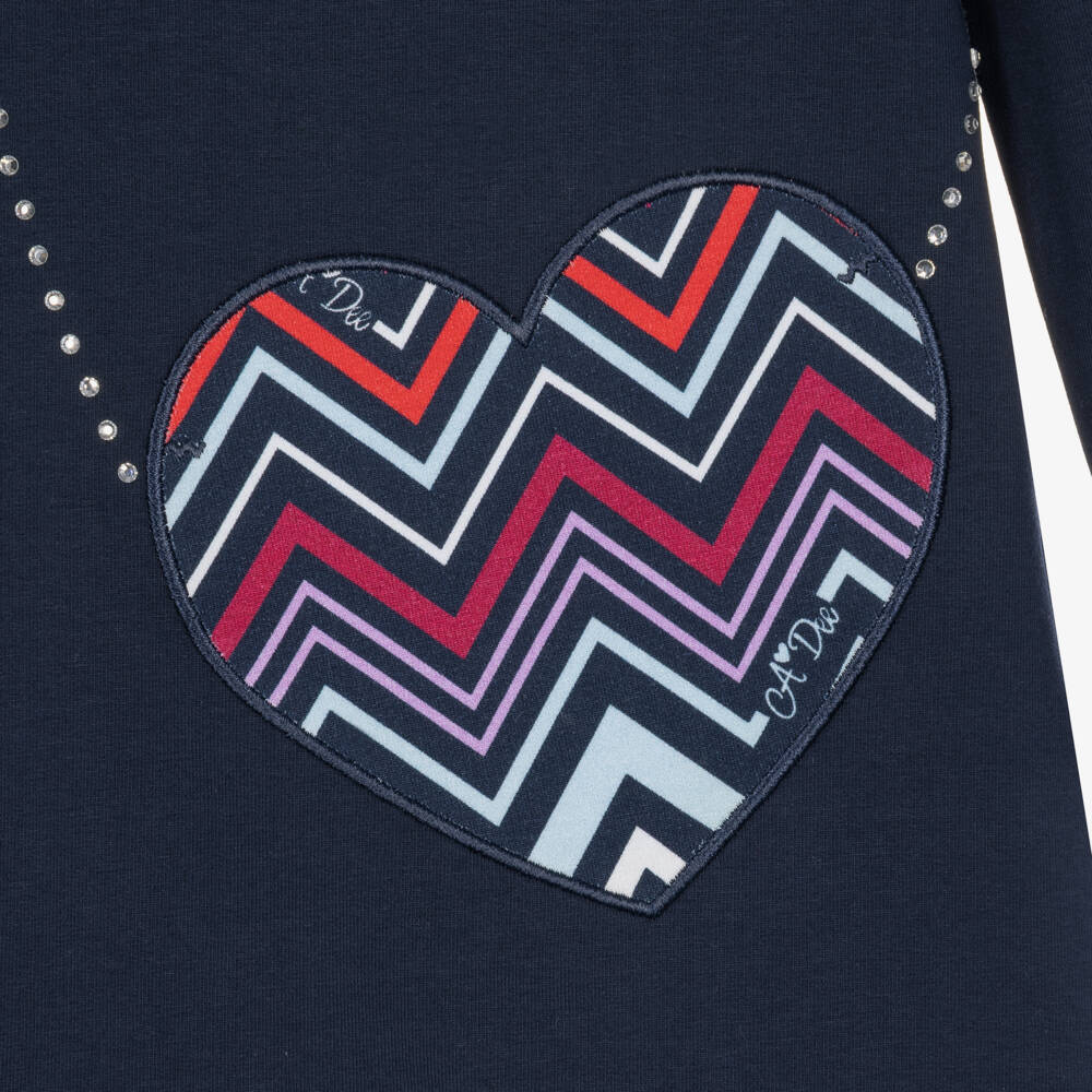A Dee-Girls Navy Blue Cotton Jersey Dress with Zigzag Bag Appliqué | Childrensalon