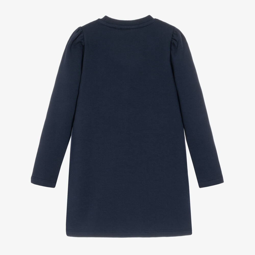 A Dee-Girls Navy Blue Cotton Jersey Dress with Zigzag Bag Appliqué | Childrensalon