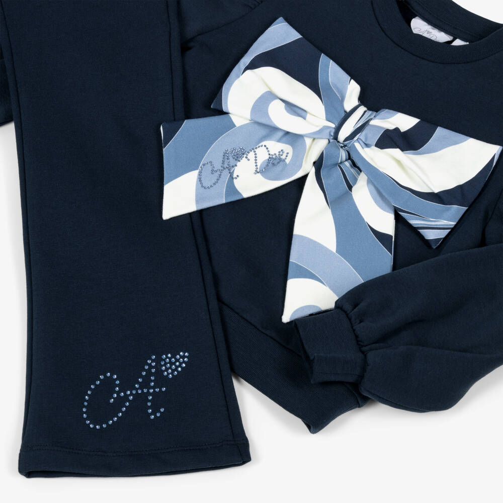 A Dee-Girls Navy Blue Cotton Trouser Set with Bow | Childrensalon