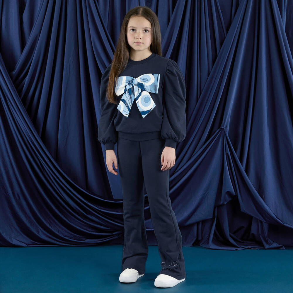 A Dee-Girls Navy Blue Cotton Trouser Set with Bow | Childrensalon
