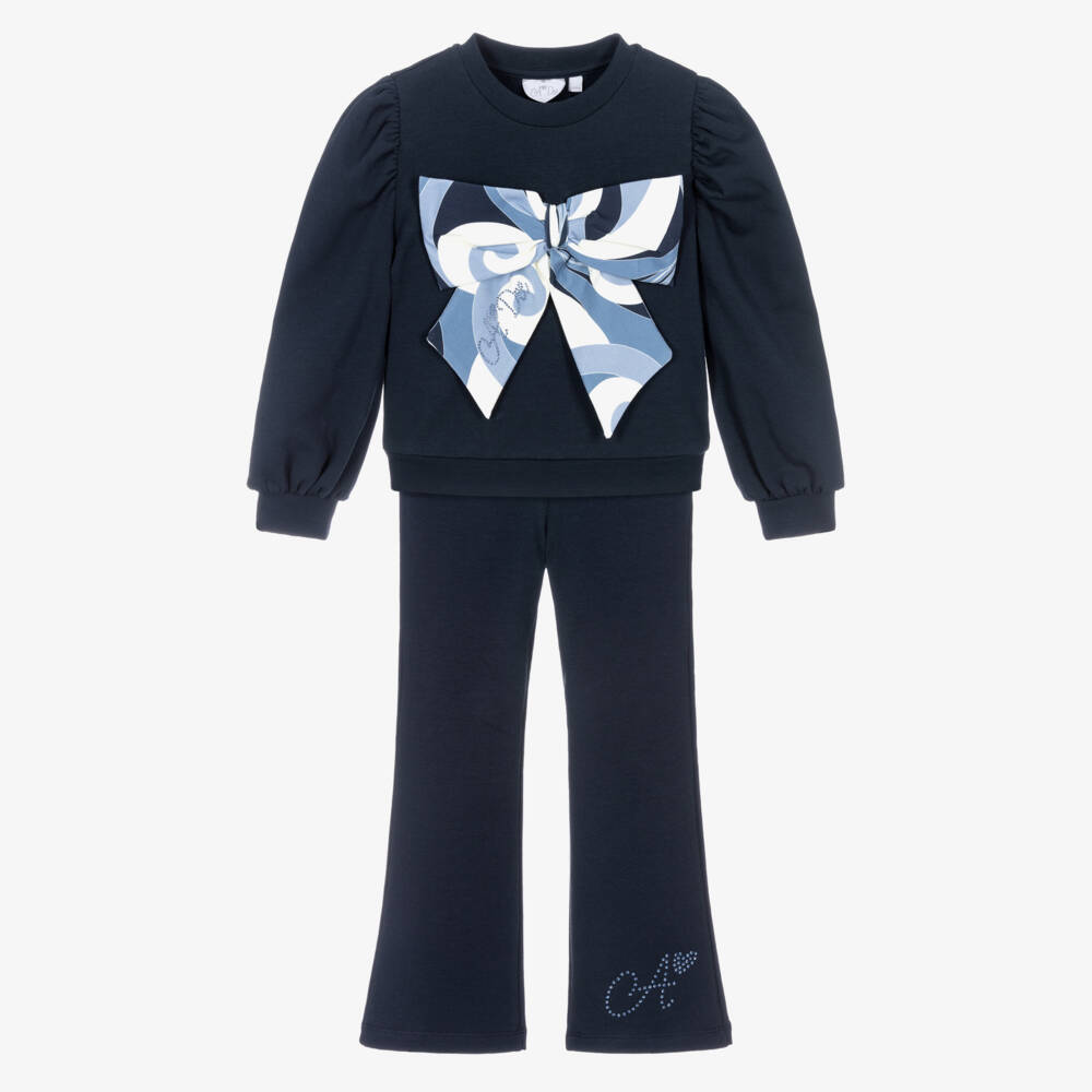 A Dee-Girls Navy Blue Cotton Trouser Set with Bow | Childrensalon