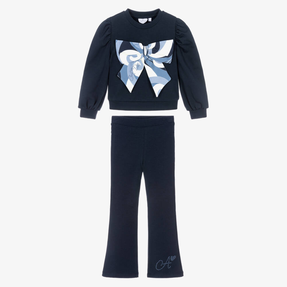 A Dee-Girls Navy Blue Cotton Trouser Set with Bow | Childrensalon