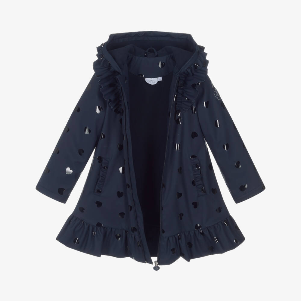 A Dee-Girls Navy Blue Hearts Raincoat with Ruffles | Childrensalon