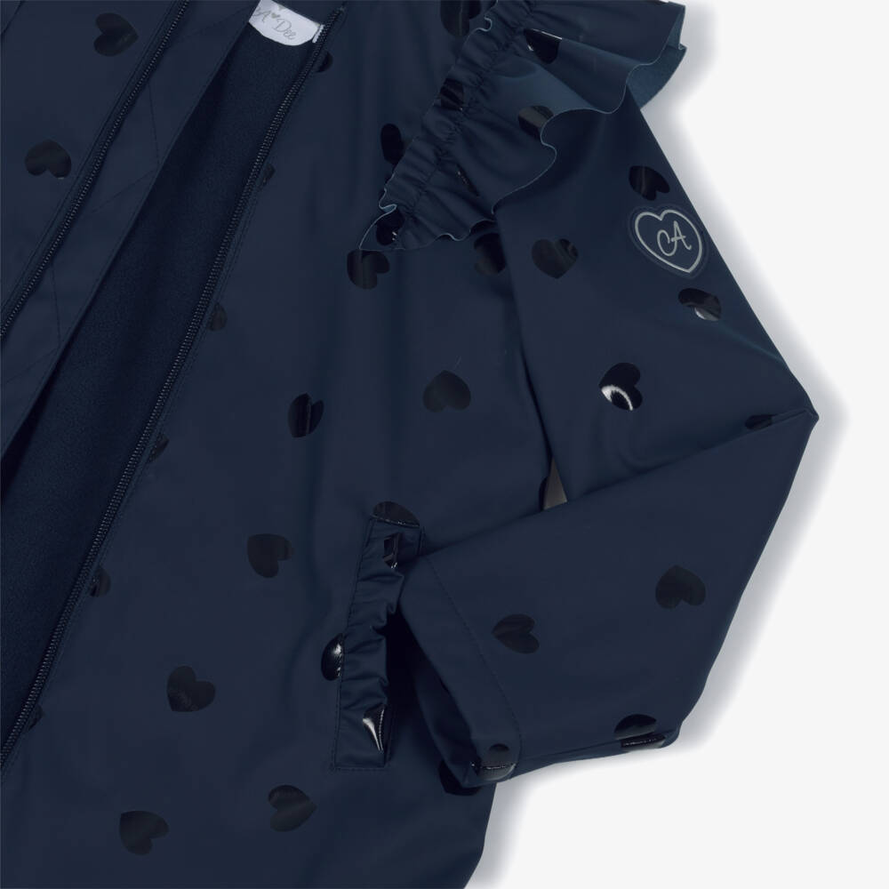 A Dee-Girls Navy Blue Hearts Raincoat with Ruffles | Childrensalon