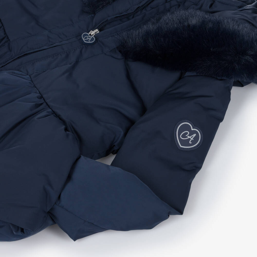 A Dee-Girls Navy Blue Hooded Puffer Coat with Faux Fur Trim  | Childrensalon