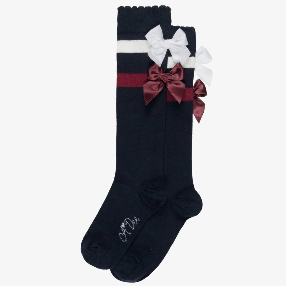 A Dee-Girls Navy Blue Knee High Socks with Bows | Childrensalon