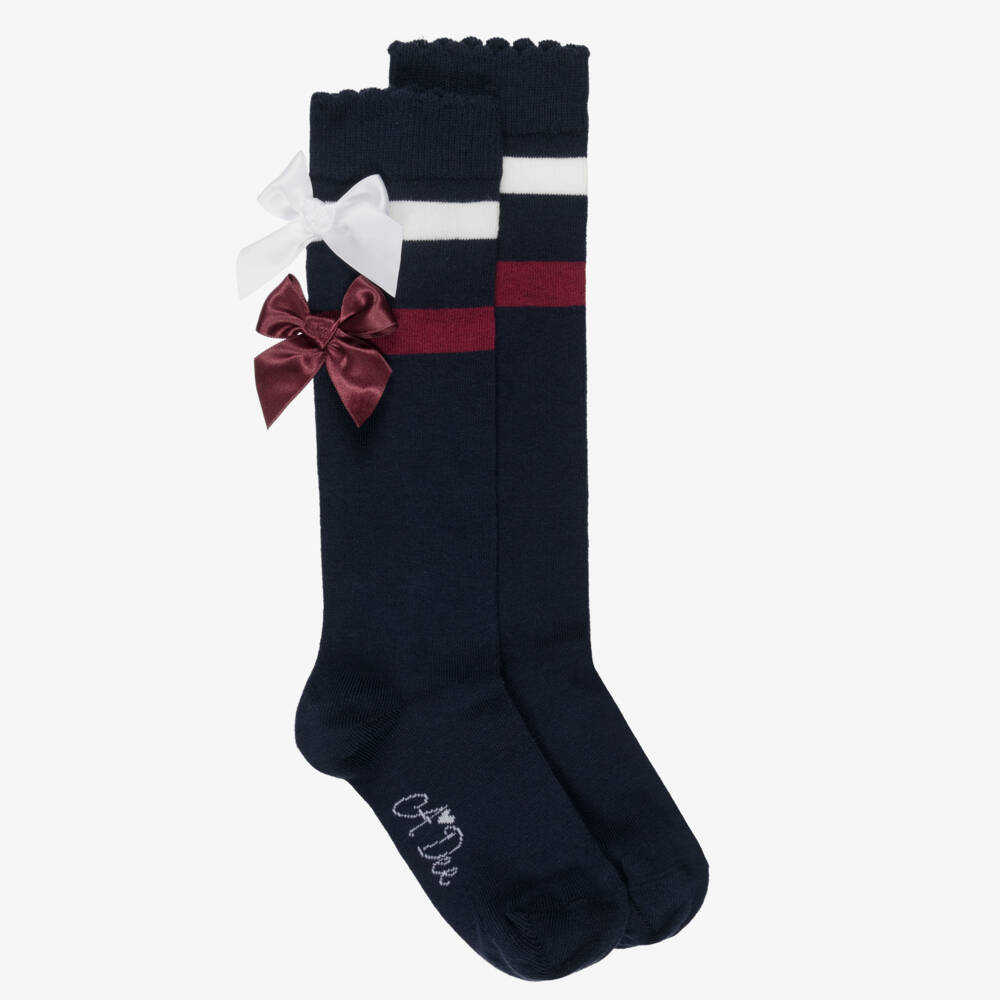 A Dee-Girls Navy Blue Knee High Socks with Bows | Childrensalon