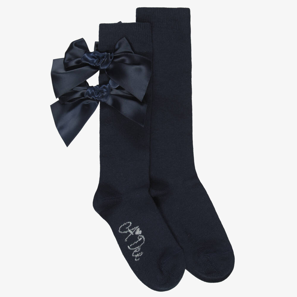 A Dee-Girls Navy Blue Knee-High Socks with Bows | Childrensalon