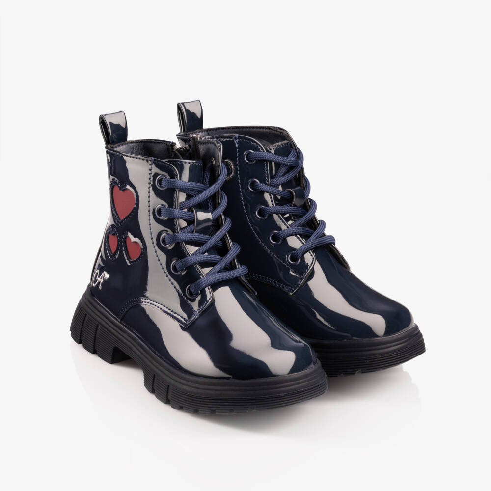 A Dee-Girls Navy Blue Patent Faux Leather Heart Boots | Childrensalon