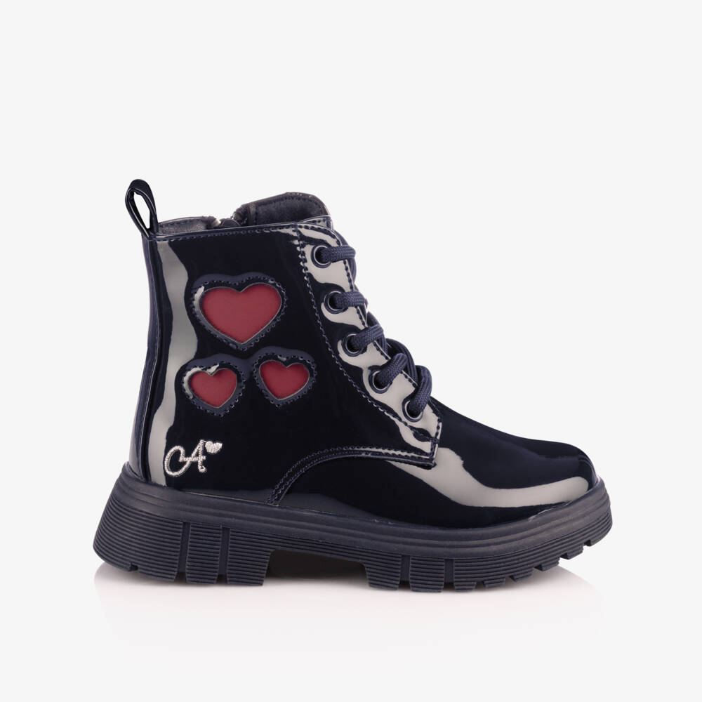 A Dee-Girls Navy Blue Patent Faux Leather Heart Boots | Childrensalon