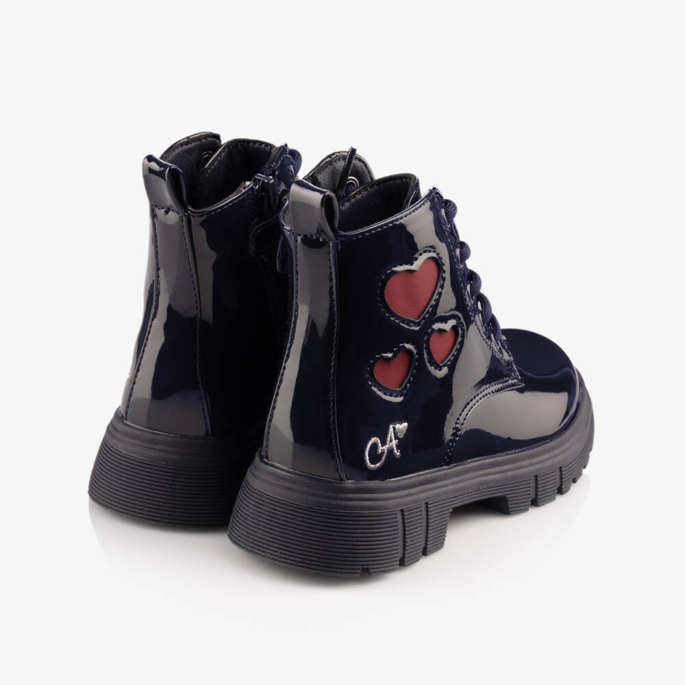 A Dee-Girls Navy Blue Patent Faux Leather Heart Boots | Childrensalon