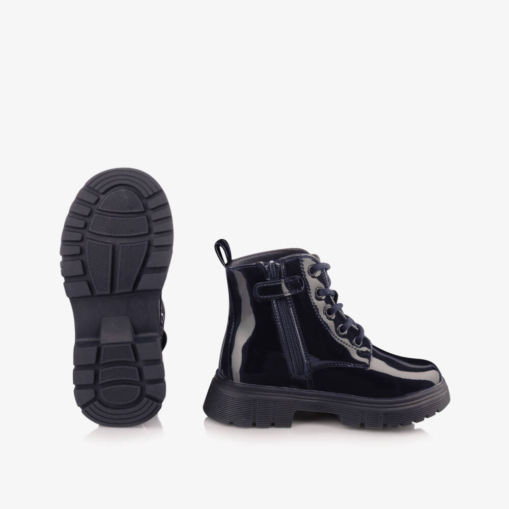 A Dee-Girls Navy Blue Patent Faux Leather Heart Boots | Childrensalon