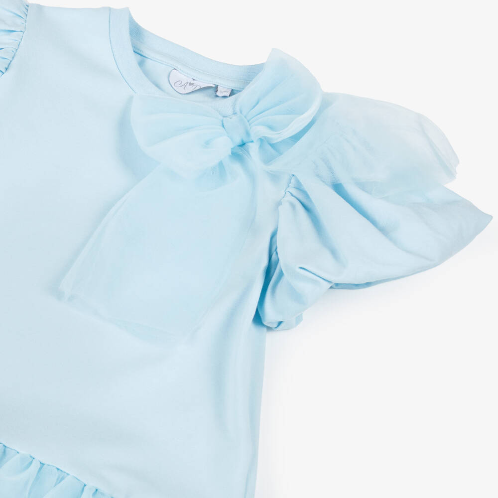 A Dee-Girls Pale Blue Cotton Jersey & Tulle Dress with Diamanté Logo | Childrensalon