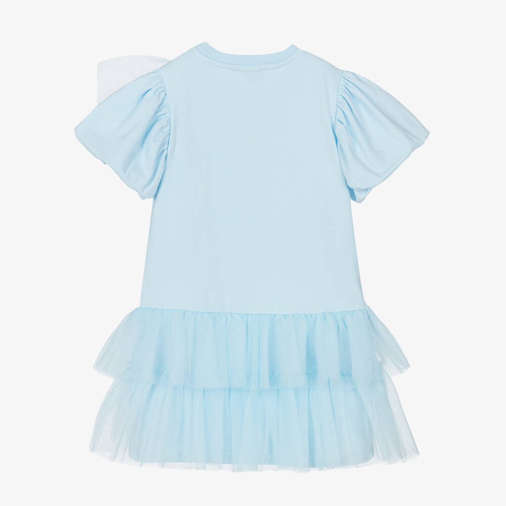 A Dee-Girls Pale Blue Cotton Jersey & Tulle Dress with Diamanté Logo | Childrensalon