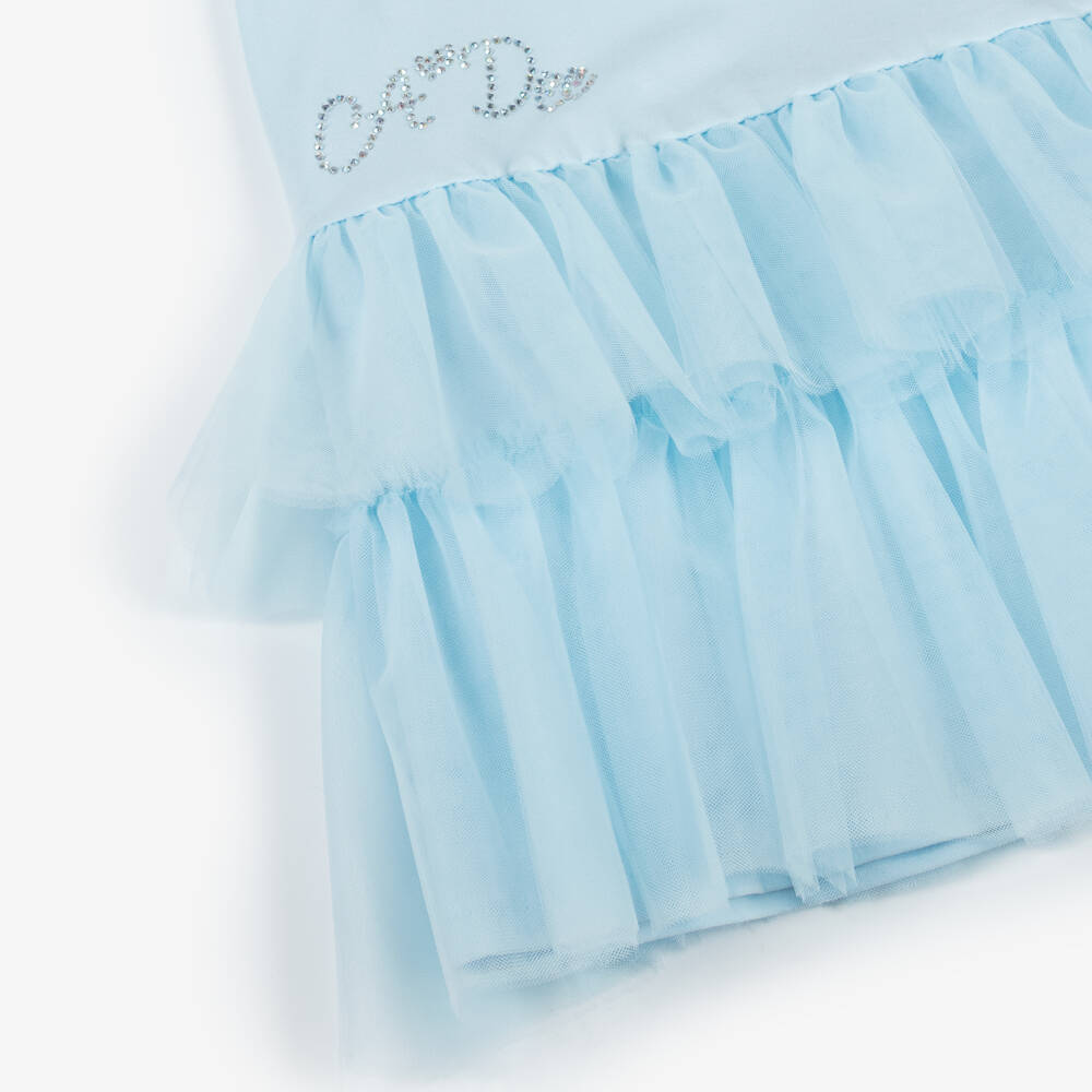 A Dee-Girls Pale Blue Cotton Jersey & Tulle Dress with Diamanté Logo | Childrensalon