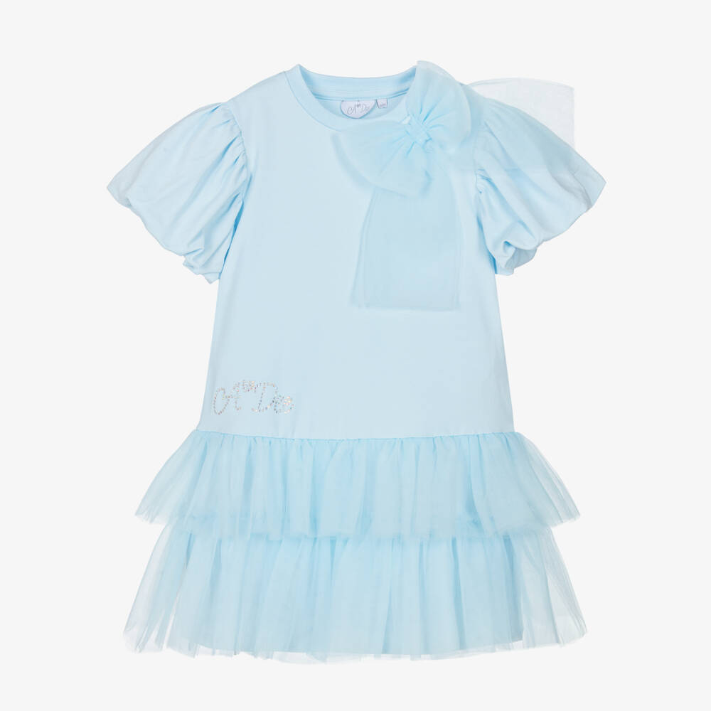 A Dee-Girls Pale Blue Cotton Jersey & Tulle Dress with Diamanté Logo | Childrensalon
