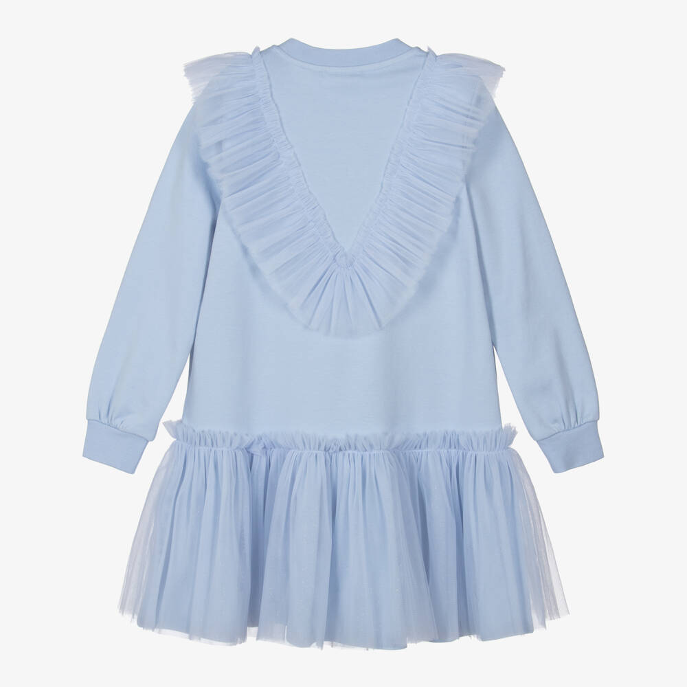 A Dee-Платье-свитшот голубое из хлопка с оборками из тюля для девочек | Childrensalon