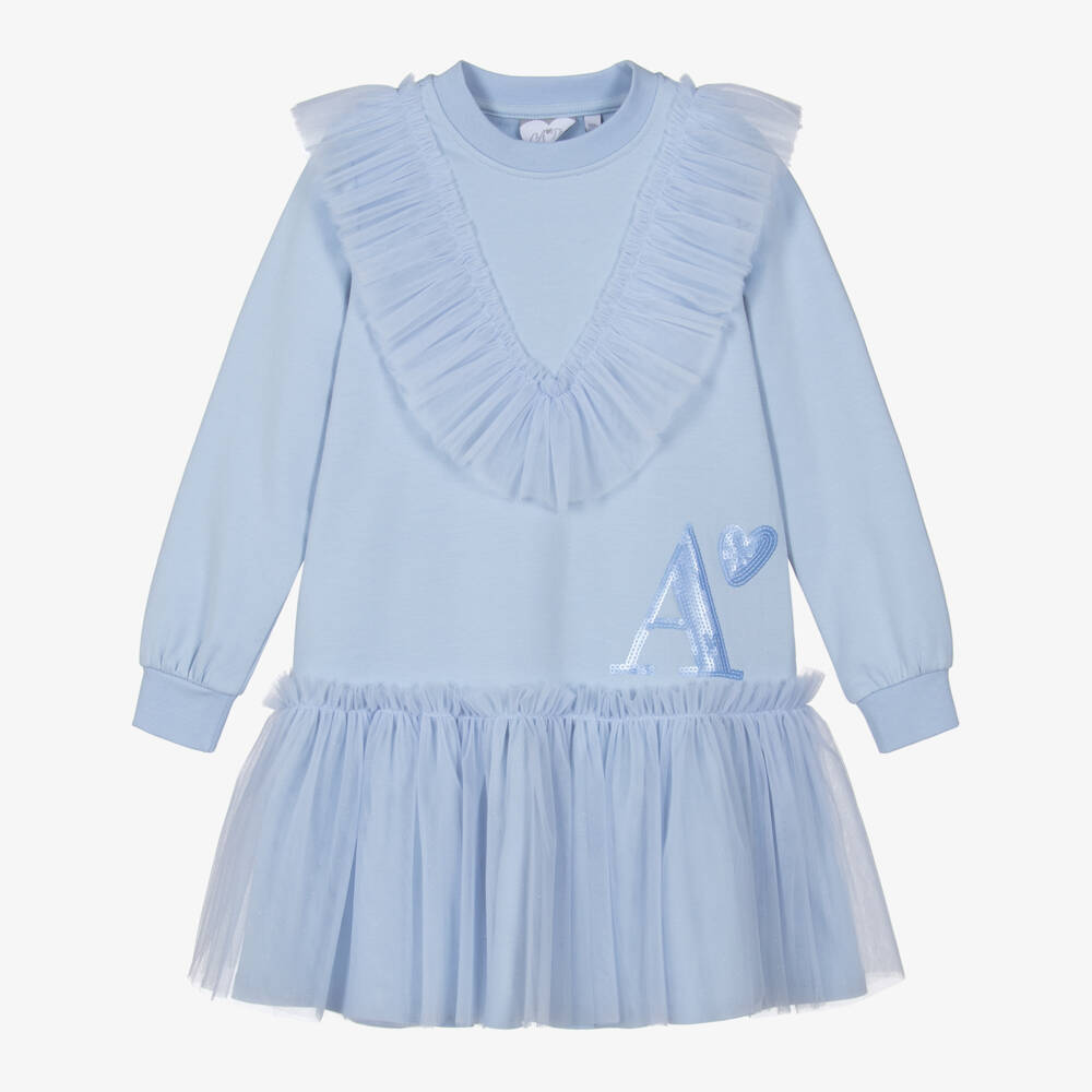 A Dee-Girls Pale Blue Cotton Sweatshirt Dress with Tulle Frills | Childrensalon