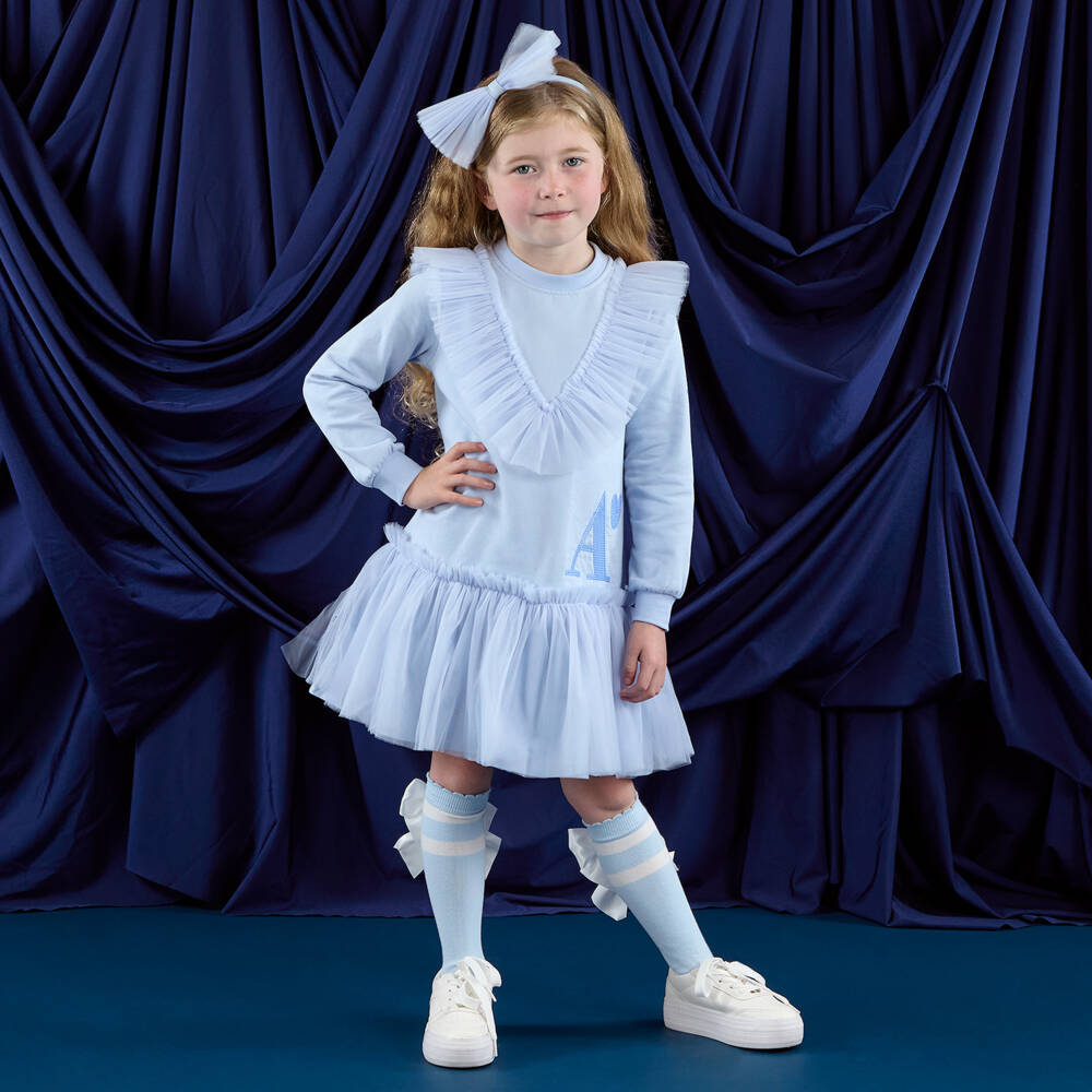 A Dee - Girls Pale Blue Cotton Sweatshirt Dress with Tulle