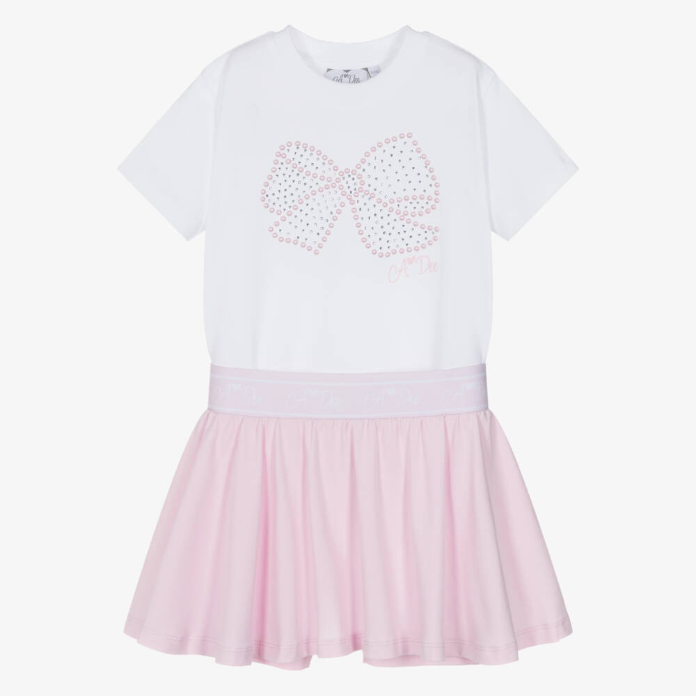 A Dee-Girls Pale Pink Cotton Jersey Skort Set with Diamanté Bow | Childrensalon