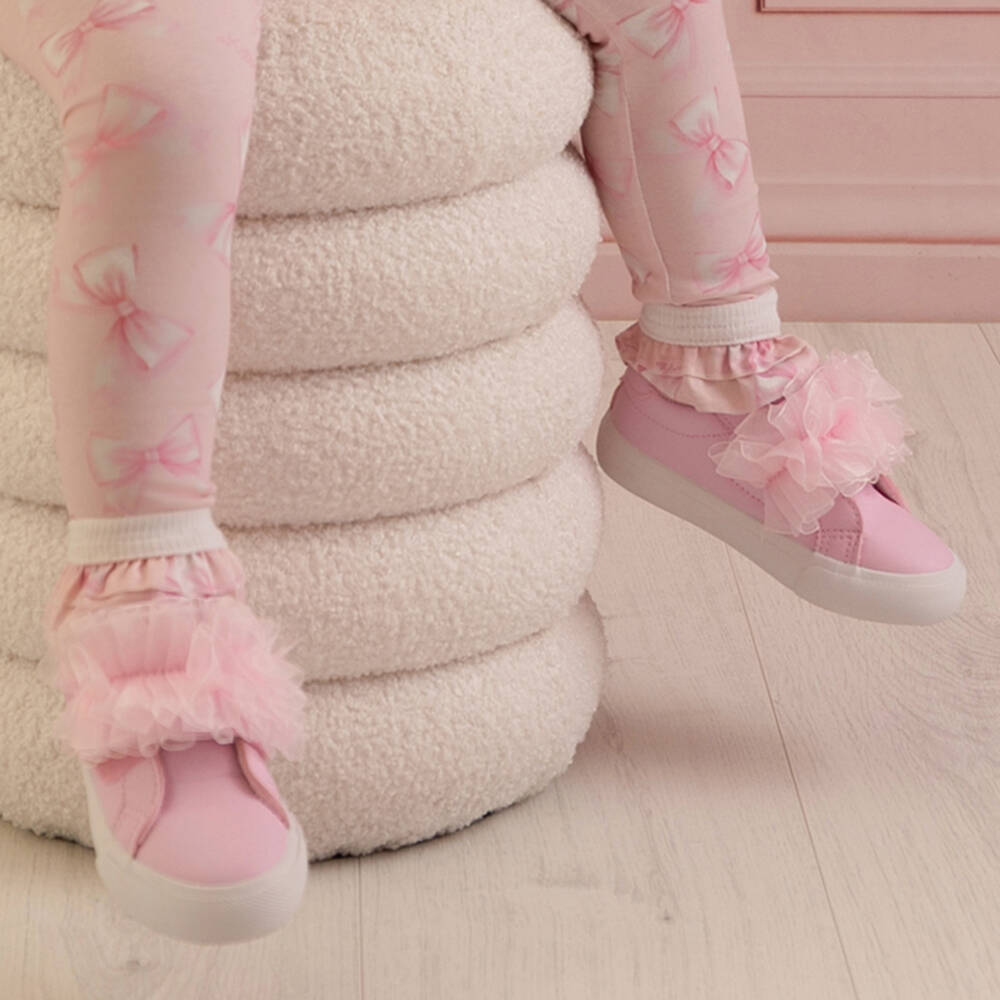A Dee-Girls Pale Pink Faux Leather Trainers with Tulle Ruffle | Childrensalon