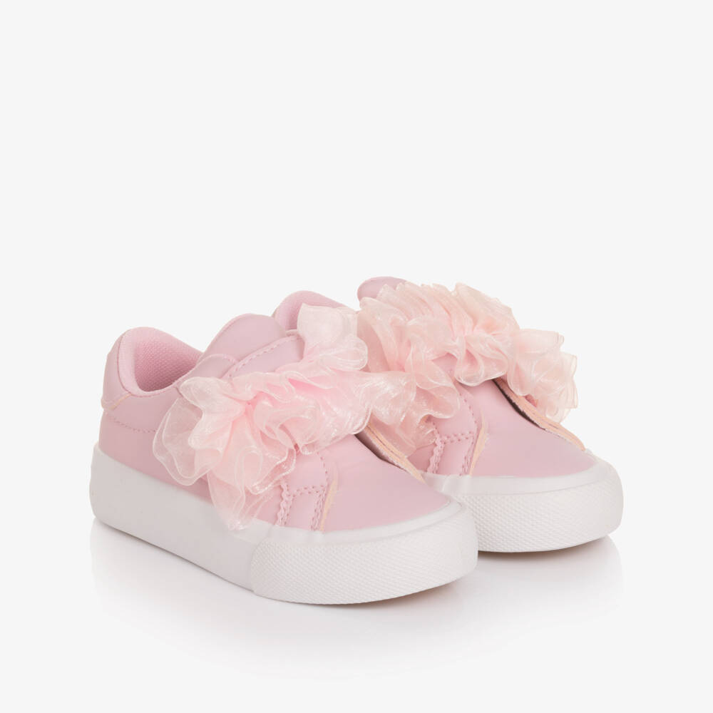 A Dee-Girls Pale Pink Faux Leather Trainers with Tulle Ruffle | Childrensalon
