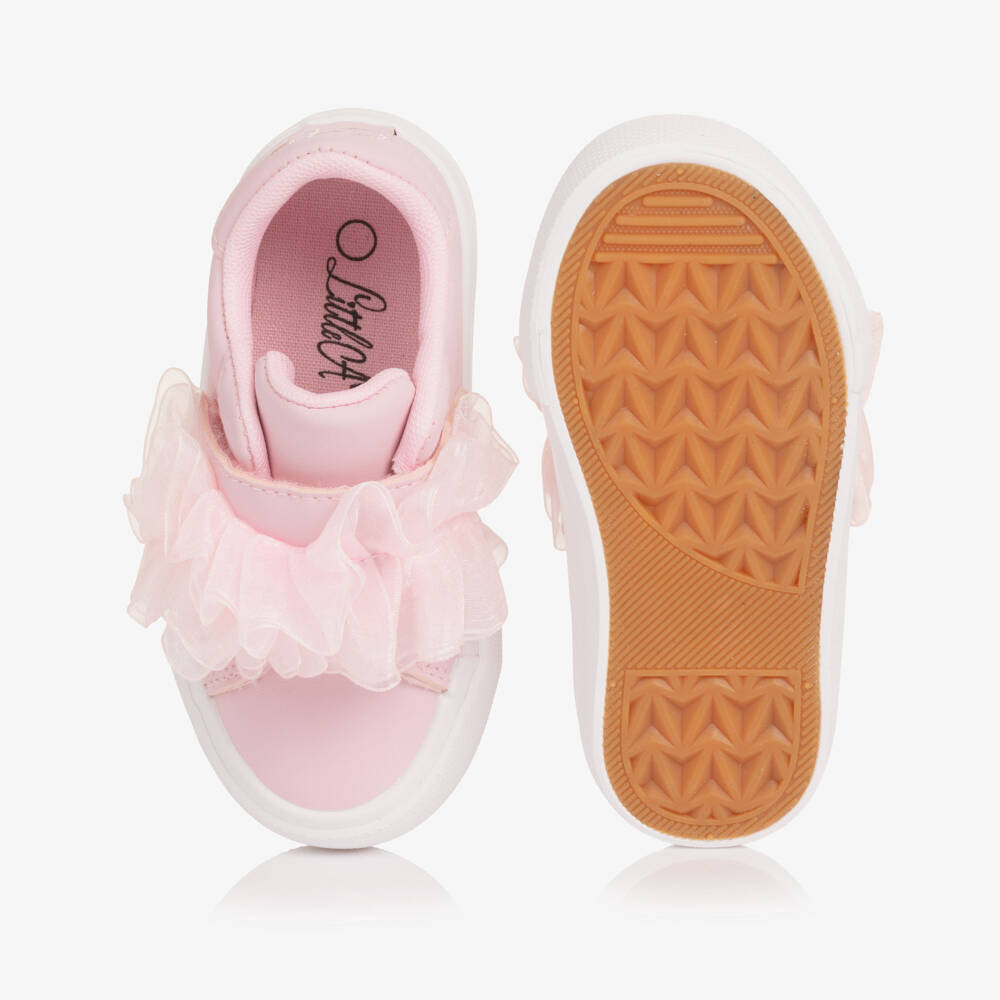 A Dee-Girls Pale Pink Faux Leather Trainers with Tulle Ruffle | Childrensalon