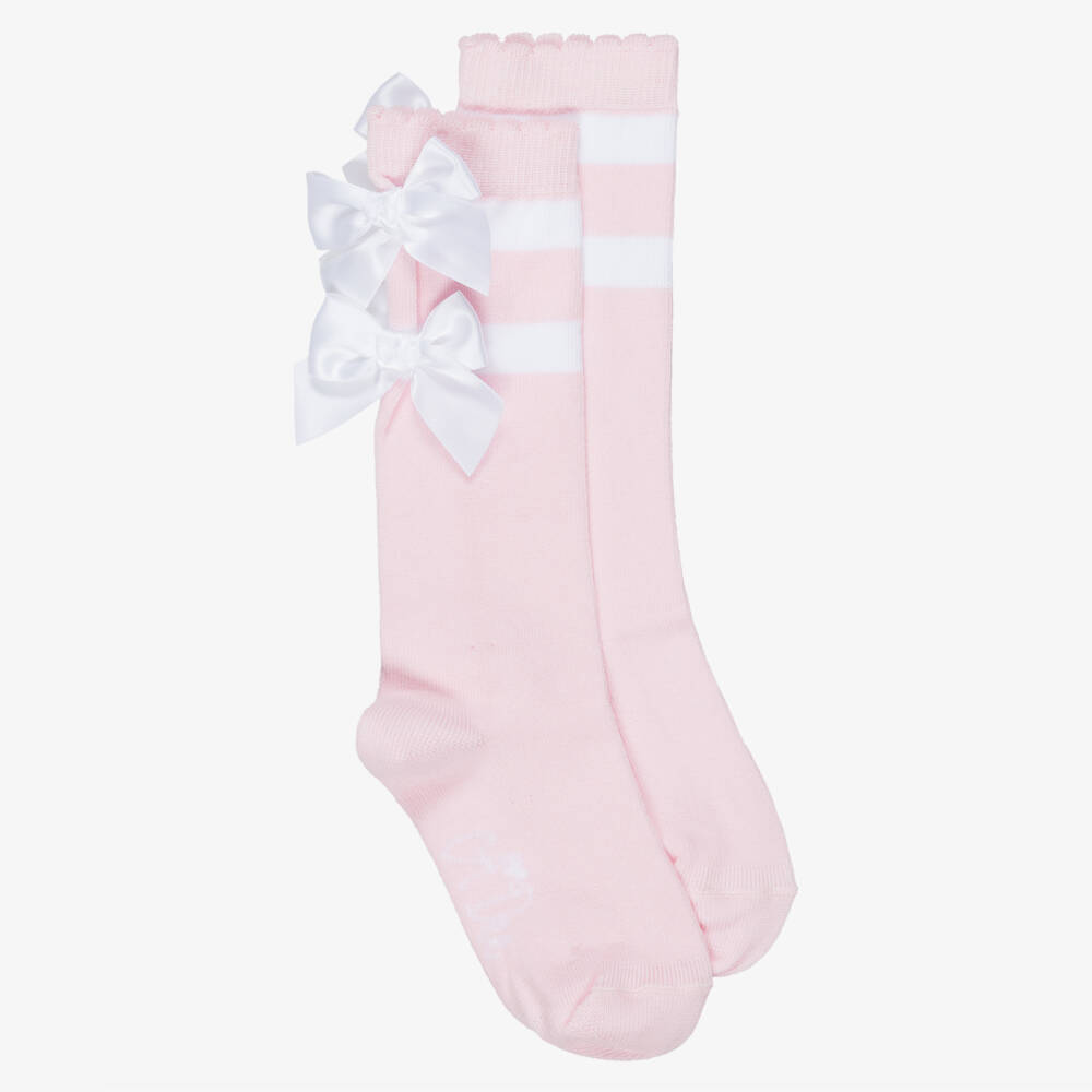 A Dee-Girls Pale Pink Knee High Socks with Bows | Childrensalon