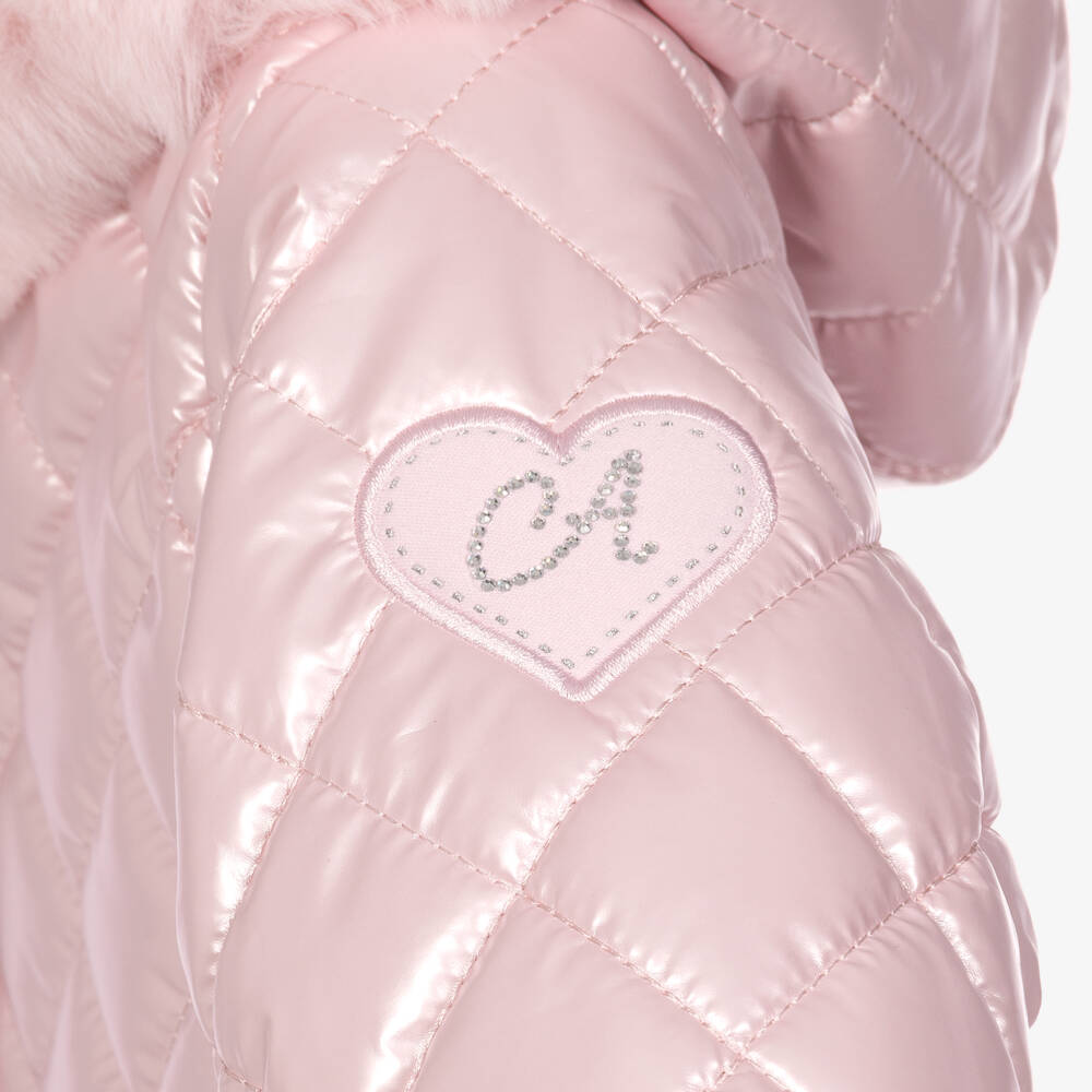 A Dee-Girls Pale Pink Quilted Coat with Faux Fur Trims | Childrensalon