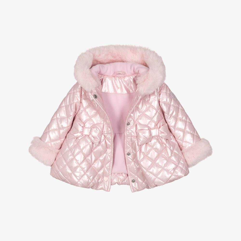 A Dee-Girls Pale Pink Quilted Coat with Faux Fur Trims | Childrensalon