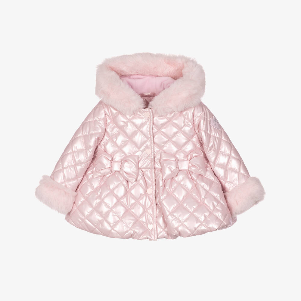 A Dee-Girls Pale Pink Quilted Coat with Faux Fur Trims | Childrensalon