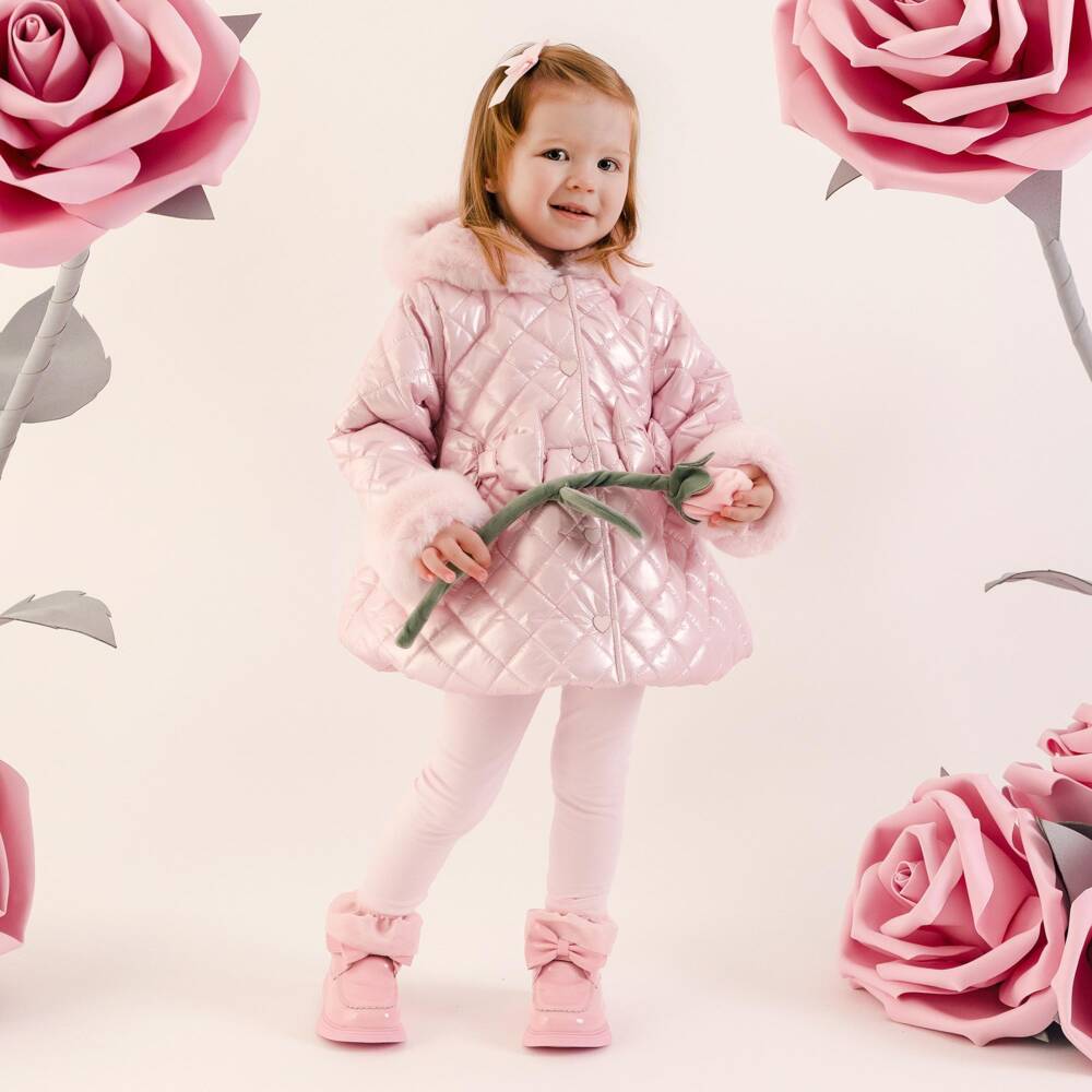 A Dee-Girls Pale Pink Quilted Coat with Faux Fur Trims | Childrensalon