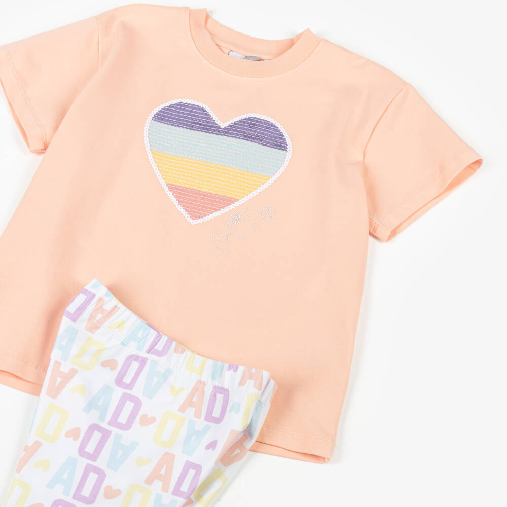 A Dee-Girls Peach Pink Cotton Logo Shorts Set with Sequin Heart | Childrensalon
