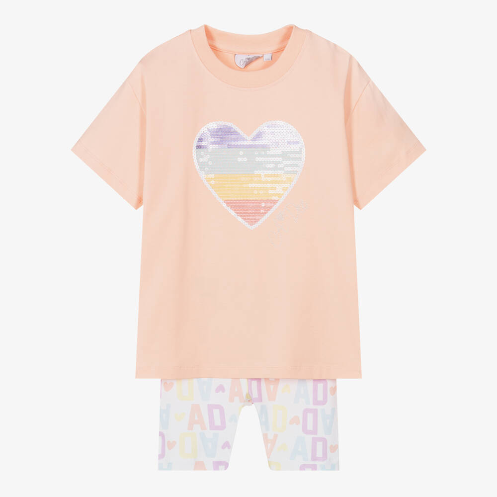 A Dee-Girls Peach Pink Cotton Logo Shorts Set with Sequin Heart | Childrensalon